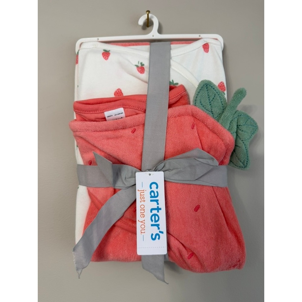 Carter's Bath Towel Set Kids OS Pink Strawberry Hooded 2-Pack NWT